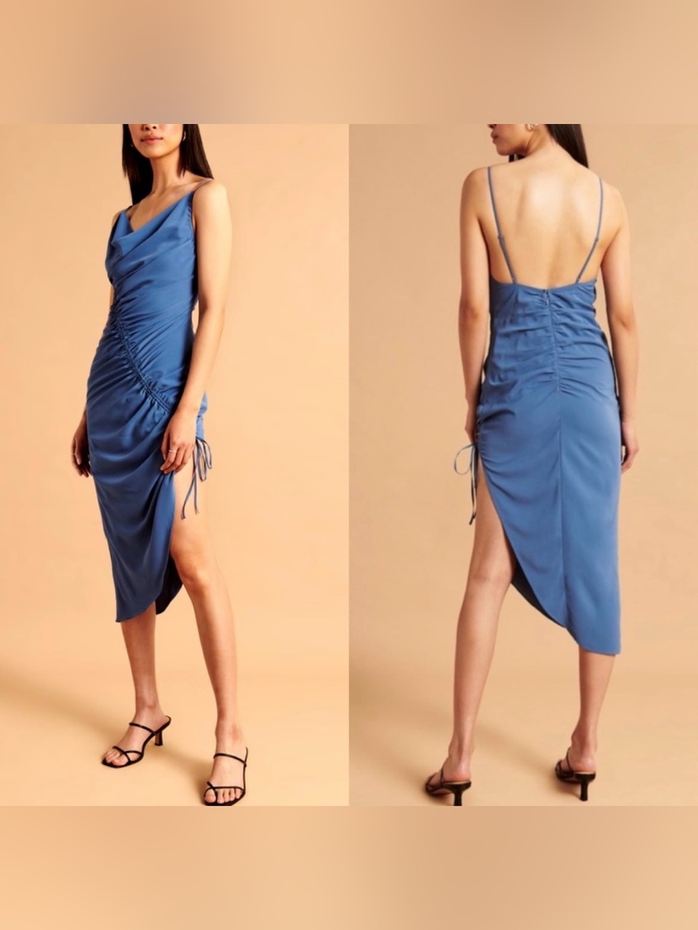 Abercrombie & Fitch Slate Blue Ruched Cowl Midi Dress